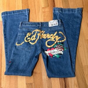 Ed Hardy designer flare blue jeans y2k embroidered appliqué paint heart 26